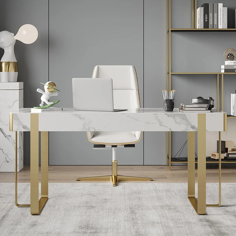 Bureau d'écriture en pierre et acier inoxydable, bureau à 2 tiroirs pour la maison Clearhalo