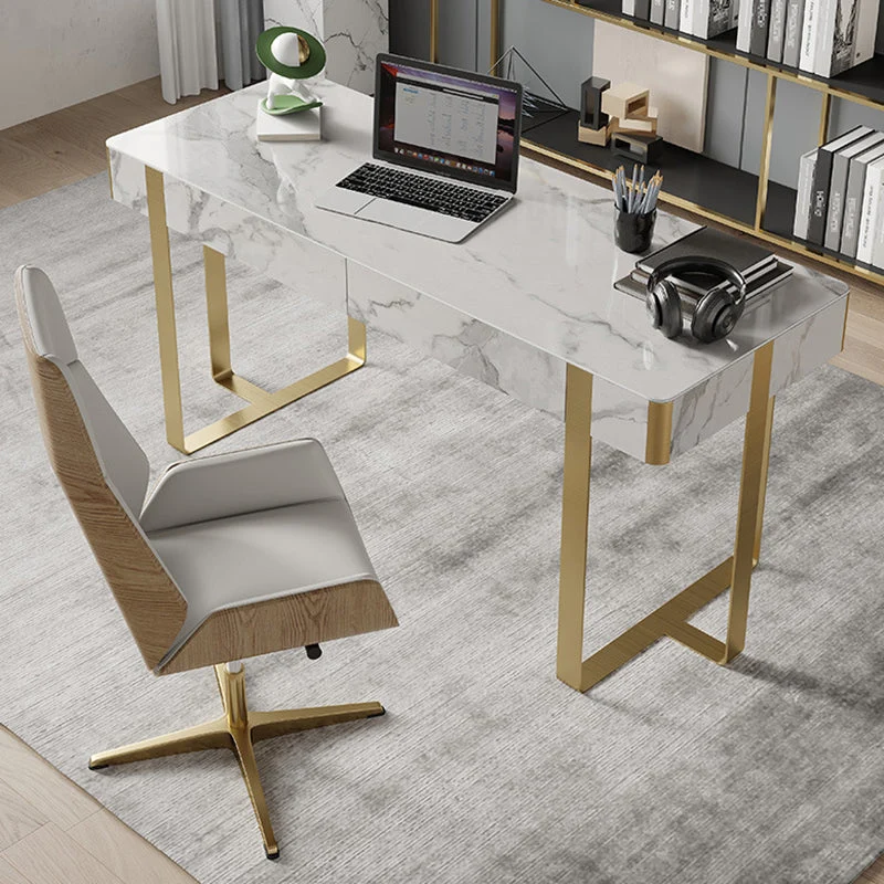 Bureau d'écriture en pierre et acier inoxydable, bureau à 2 tiroirs pour la maison Clearhalo