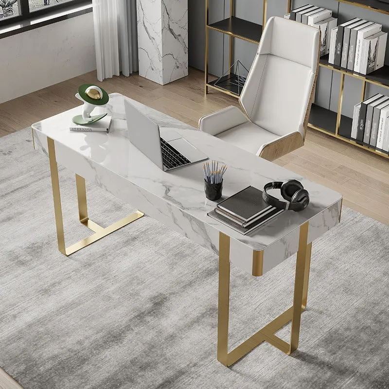 Bureau d'écriture en pierre et acier inoxydable, bureau à 2 tiroirs pour la maison Clearhalo