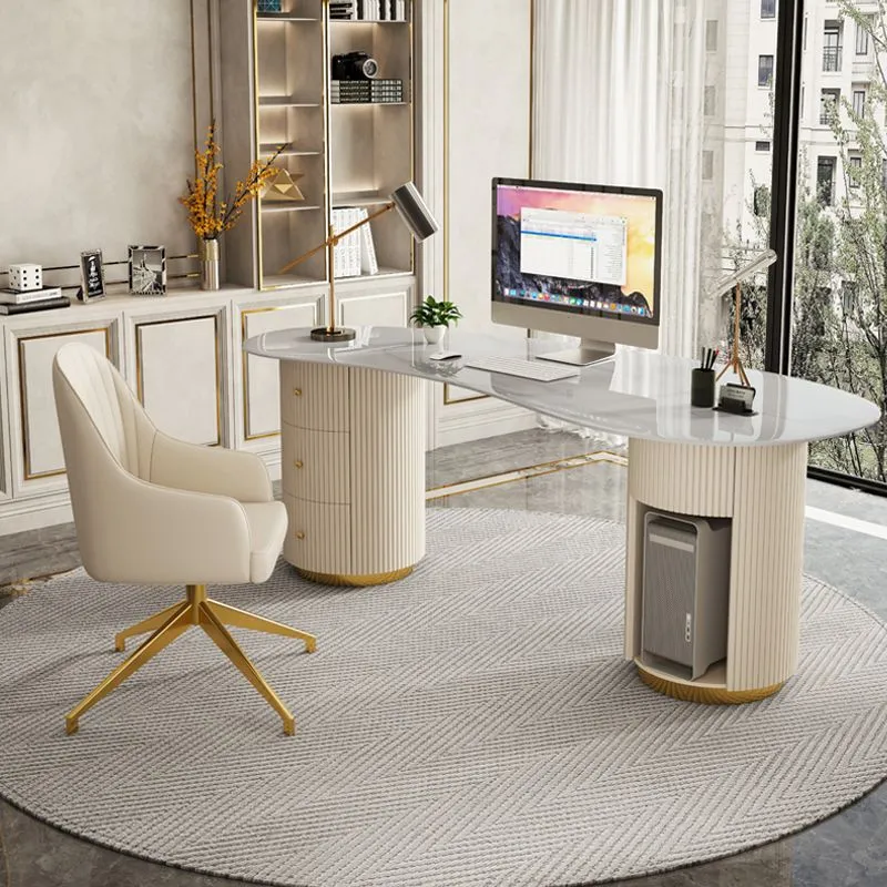 Bureau d'écriture en pierre de style Glam, bureau d'ordinateur en métal avec 3 tiroirs Clearhalo