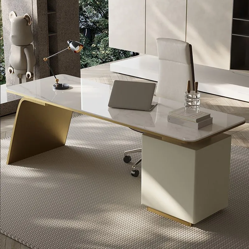 Bureau d'écriture en pierre de style Glam, bureau rectangulaire avec 3 tiroirs Clearhalo