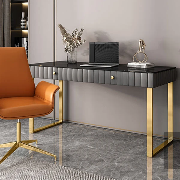 Bureau d'écriture en pierre de style Glam, bureau à base luge incurvée avec 2 tiroirs Clearhalo