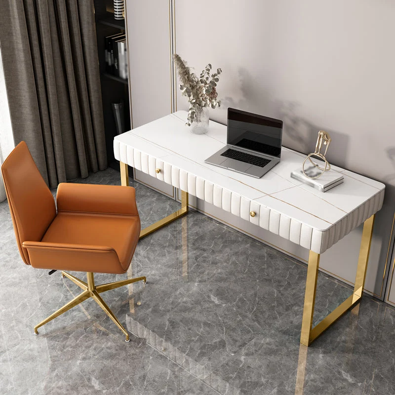 Bureau d'écriture en pierre de style Glam, bureau à base luge incurvée avec 2 tiroirs Clearhalo