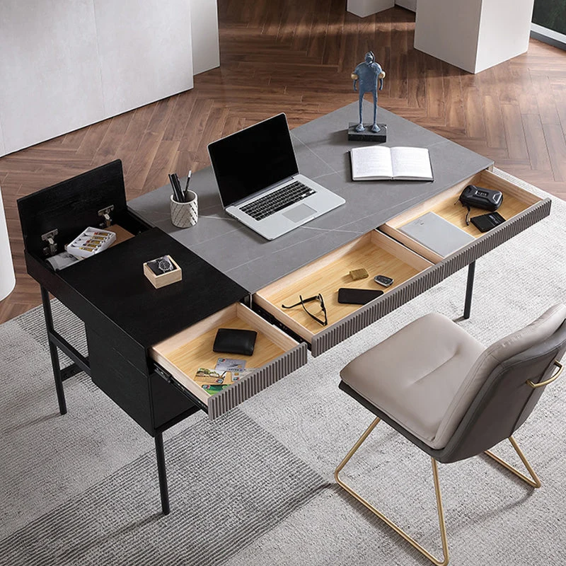 Bureau d'écriture en pierre de style industriel, bureau rectangulaire avec 3 tiroirs Clearhalo