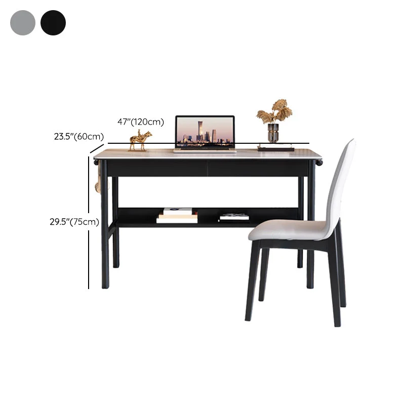 Bureau d'écriture en pierre à 2 tiroirs, 1 étagère, 29,53 po de haut, avec base en forme de H Clearhalo