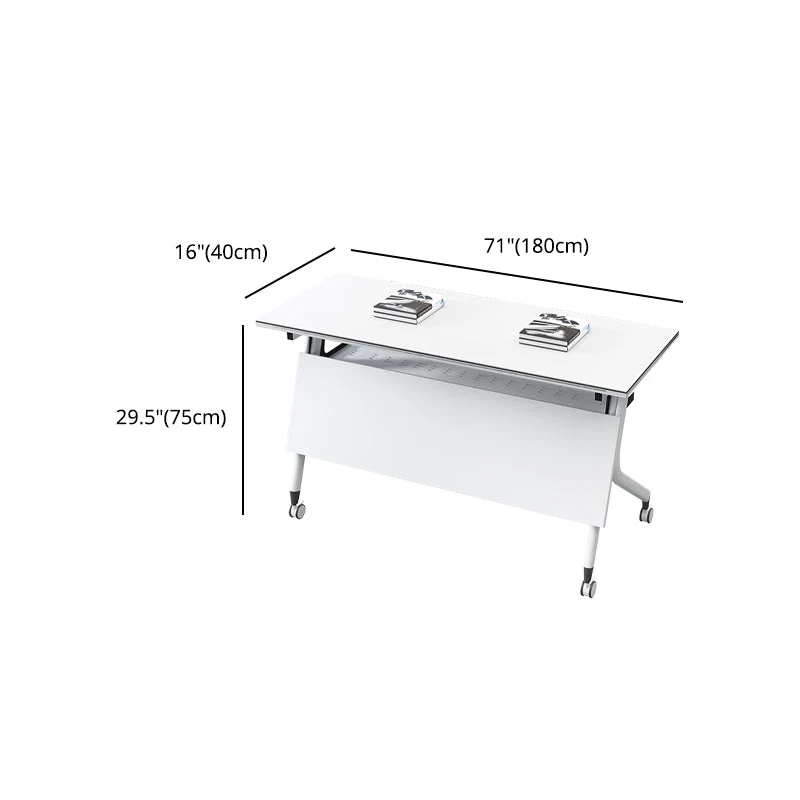 Bureau d'écriture pliable blanc, plateau rectangulaire en bois manufacturé avec roulettes Clearhalo