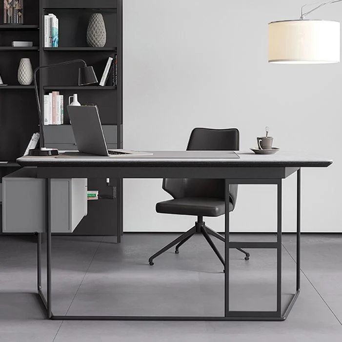 Bureau d'écriture rectangulaire avec base à chevalet industriel et 2 tiroirs Clearhalo