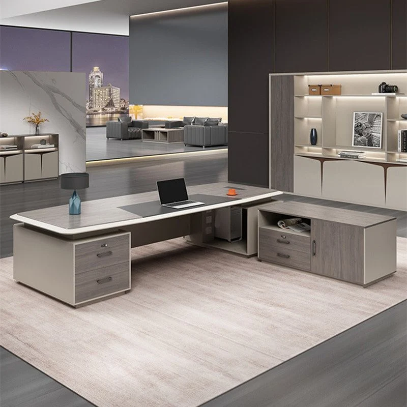 Bureau d'écriture rectangulaire avec piédestal Glam et tiroirs, taupe foncé Clearhalo