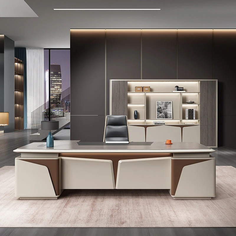 Bureau d'écriture rectangulaire avec piédestal Glam et tiroirs, taupe foncé Clearhalo