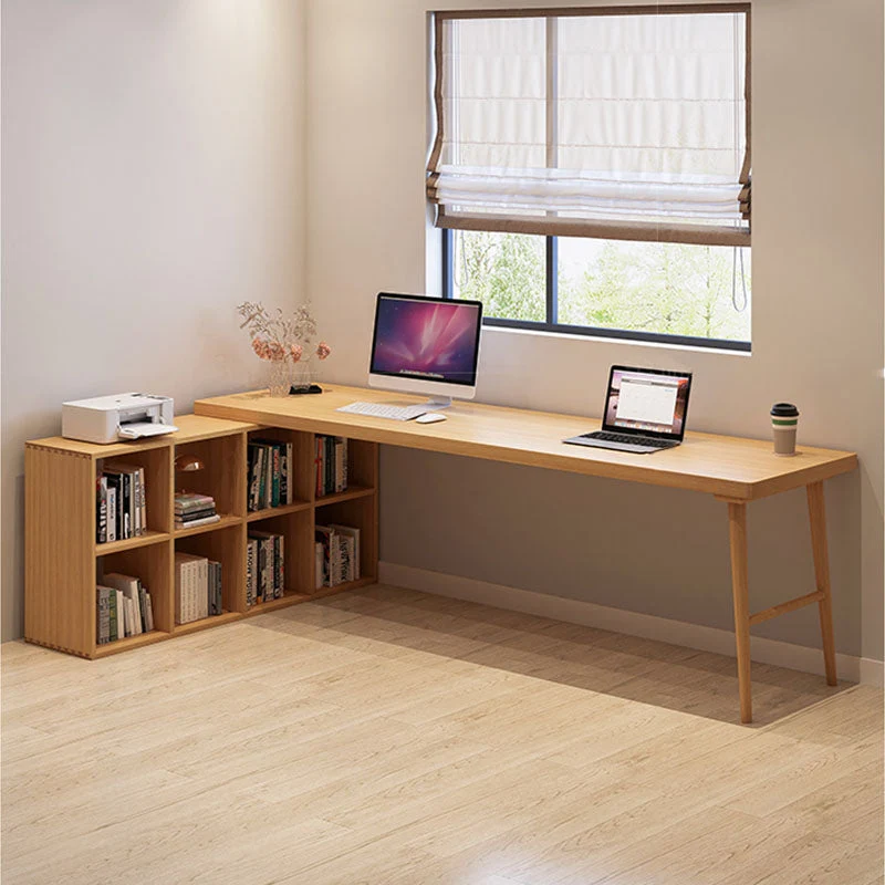 Bureau d'écriture rectangulaire en bois massif, bureau de réunion moderne avec bibliothèque Clearhalo
