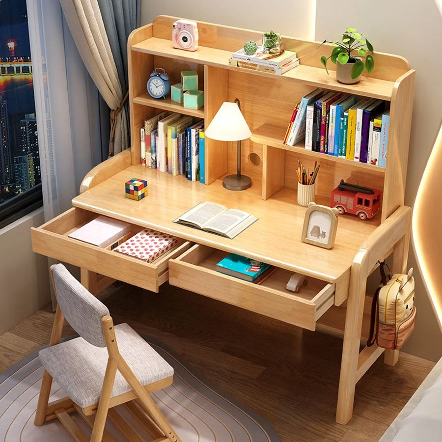 Bureau d'écriture rectangulaire en bois massif à hauteur réglable avec étagères Clearhalo