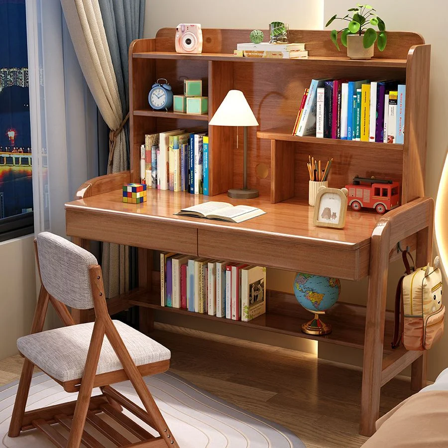 Bureau d'écriture rectangulaire en bois massif à hauteur réglable avec étagères Clearhalo