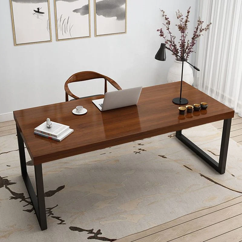 Bureau d'écriture rectangulaire en bois de pin brun, bureau à base de traîneau en fer noir Clearhalo