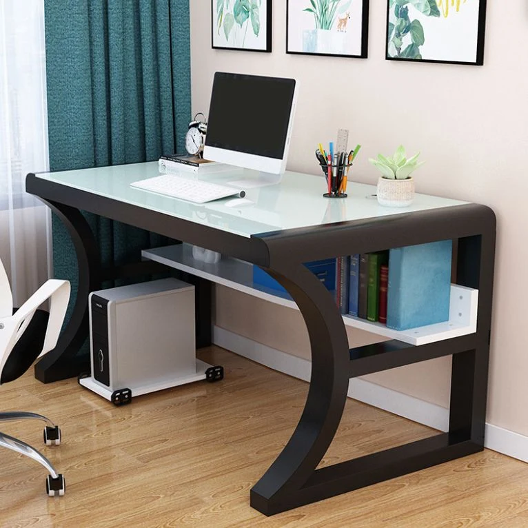 Bureau d'écriture rectangulaire contemporain avec plateau en verre et pieds en métal Clearhalo