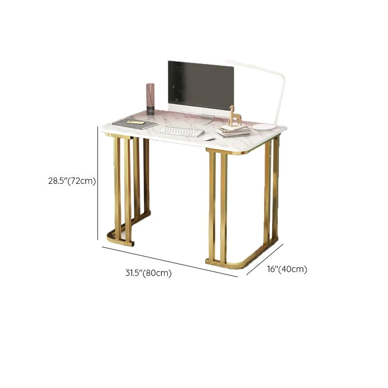 Bureau d'écriture rectangulaire Glam Stone de 28,35 po de hauteur, blanc, avec pieds dorés Clearhalo