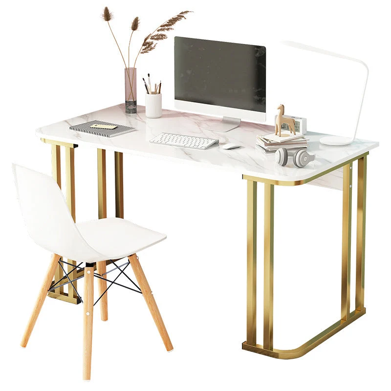 Bureau d'écriture rectangulaire Glam Stone de 28,35 po de hauteur, blanc, avec pieds dorés Clearhalo