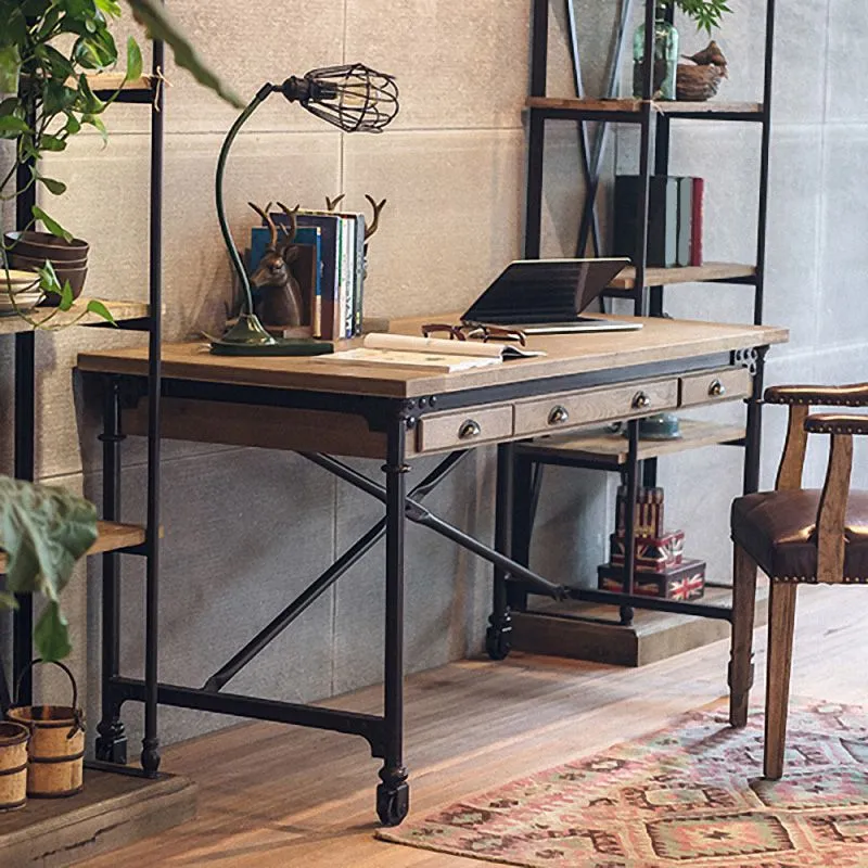 Bureau d'écriture rectangulaire industriel en bois massif, pour la maison Clearhalo