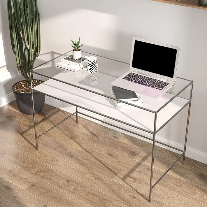 Bureau d'écriture rectangulaire moderne, bureau chromé de 31,5 pouces de haut avec base en H Clearhalo