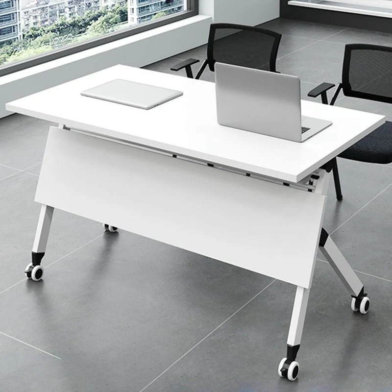 Bureau d'écriture rectangulaire moderne, bureau pliant blanc avec roulettes Clearhalo