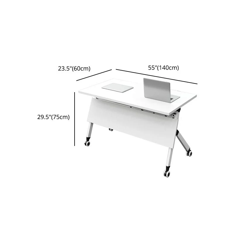 Bureau d'écriture rectangulaire moderne, bureau pliant blanc avec roulettes Clearhalo