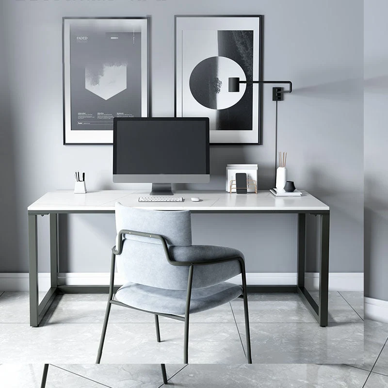 Bureau d'écriture rectangulaire moderne en pierre frittée, bureau en forme de H pour la maison Clearhalo