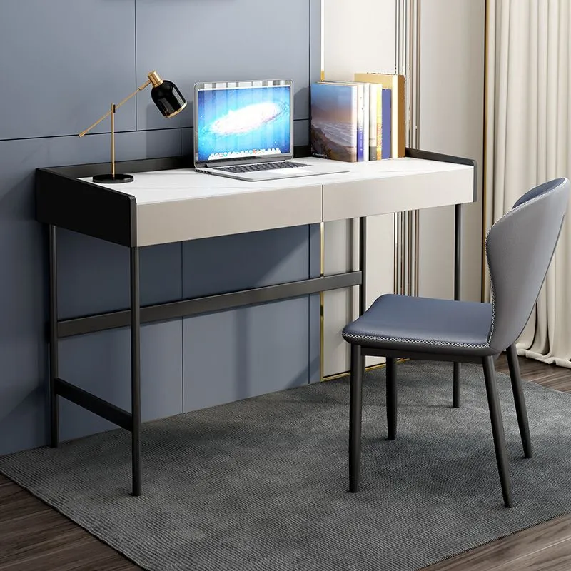 Bureau d'écriture rectangulaire en pierre de bureau à 2 tiroirs avec pieds en fer Clearhalo