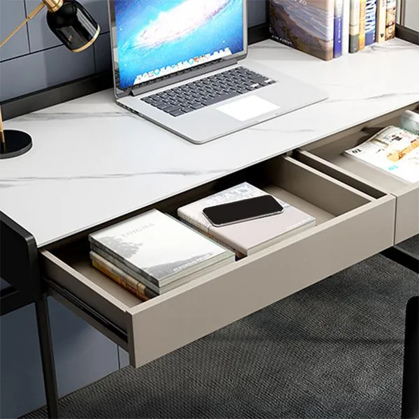 Bureau d'écriture rectangulaire en pierre moderne, bureau blanc à 2 tiroirs avec base en H Clearhalo