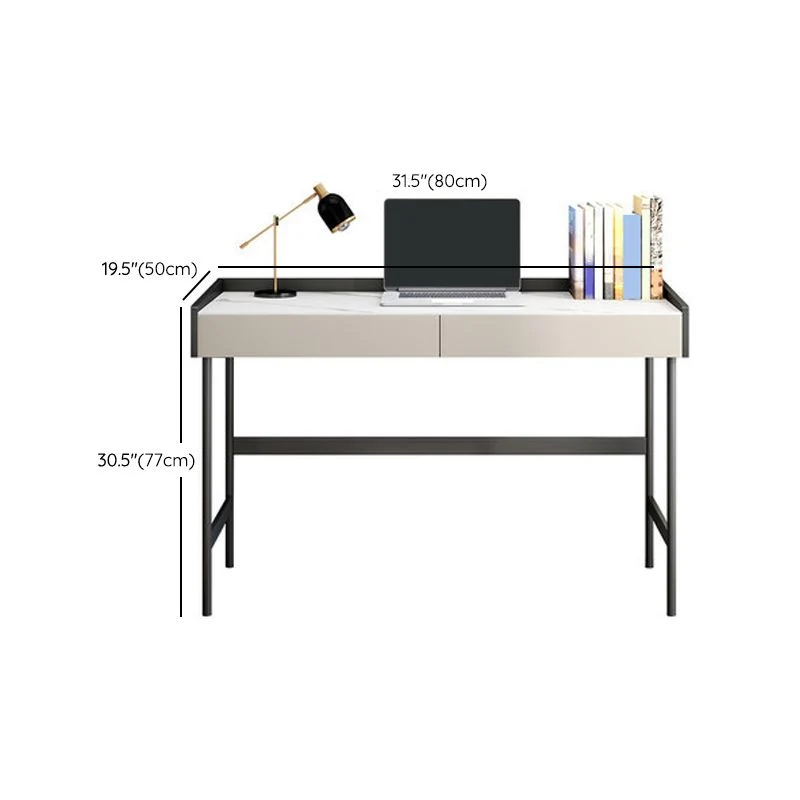 Bureau d'écriture rectangulaire en pierre moderne, bureau blanc à 2 tiroirs avec base en H Clearhalo