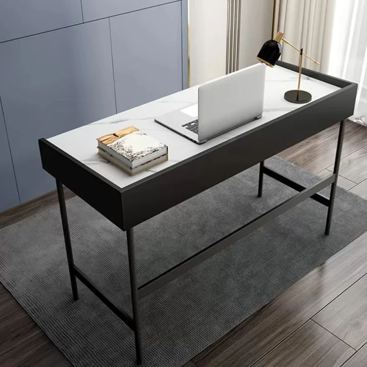 Bureau d'écriture rectangulaire en pierre moderne, bureau blanc à 2 tiroirs avec base en H Clearhalo