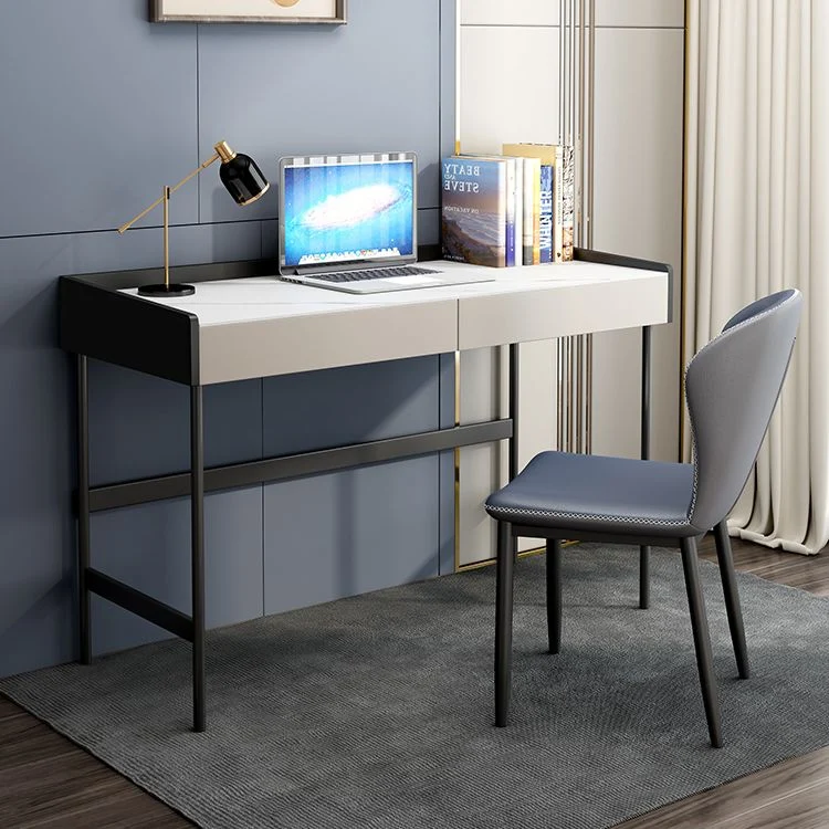 Bureau d'écriture rectangulaire en pierre moderne, bureau blanc à 2 tiroirs avec base en H Clearhalo