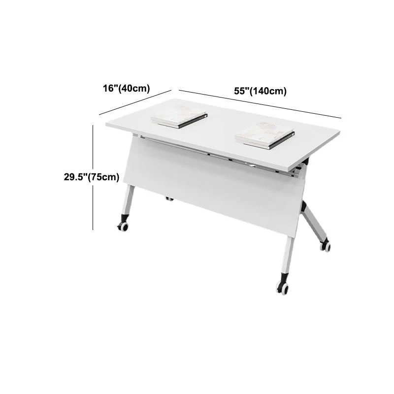 Bureau d'écriture rectangulaire pliant, plateau en bois manufacturé blanc avec roulettes Clearhalo