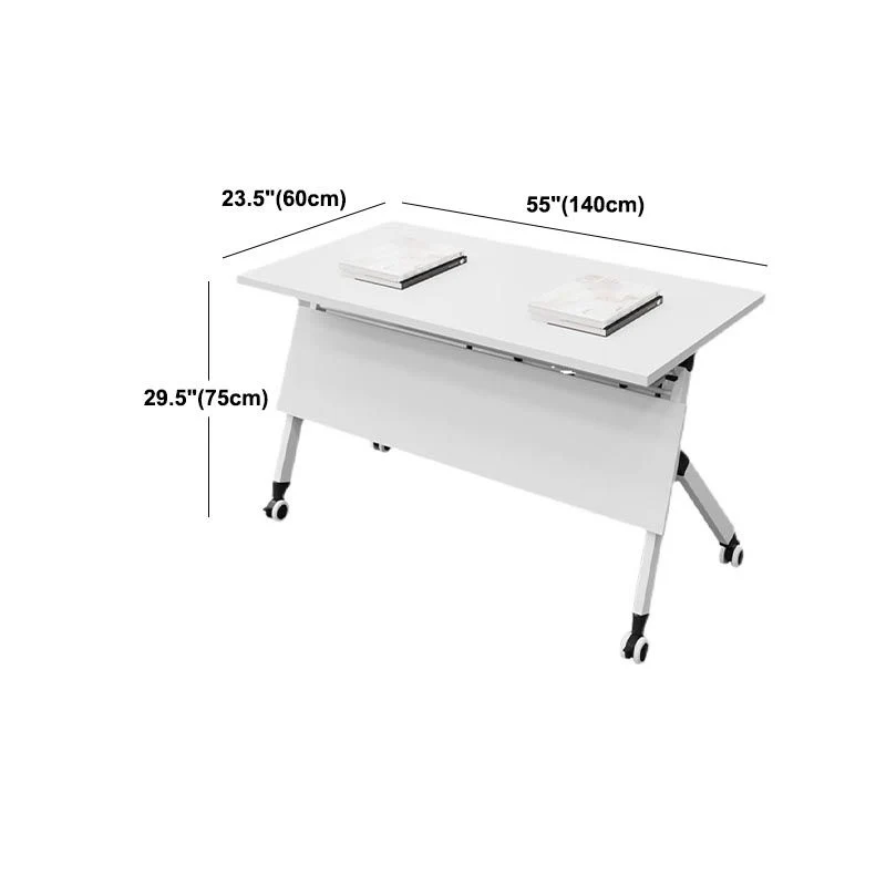 Bureau d'écriture rectangulaire pliant, plateau en bois manufacturé blanc avec roulettes Clearhalo