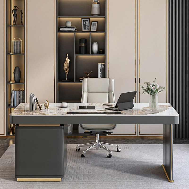 Bureau d'écriture taupe foncé, tiroirs de rangement, bureau glamour avec prises intégrées Clearhalo