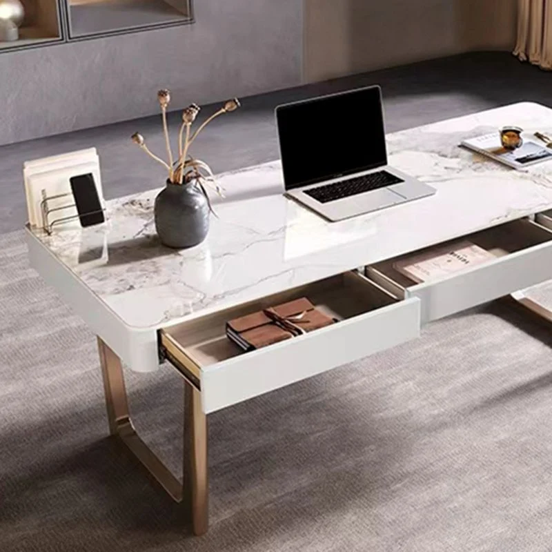 Bureau d'écriture à 3 tiroirs, bureau de forme rectangulaire en blanc Clearhalo