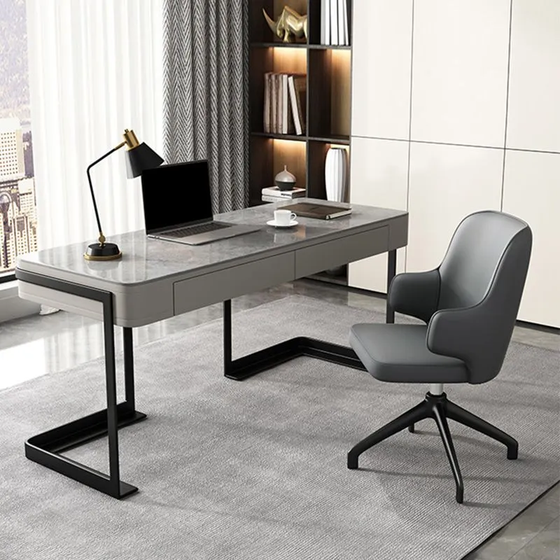 Bureau d'écriture à 2 tiroirs, bureau gris de forme rectangulaire pour la maison Clearhalo