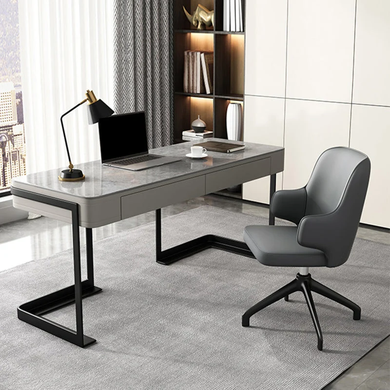 Bureau d'écriture à 2 tiroirs, bureau gris de forme rectangulaire pour la maison Clearhalo