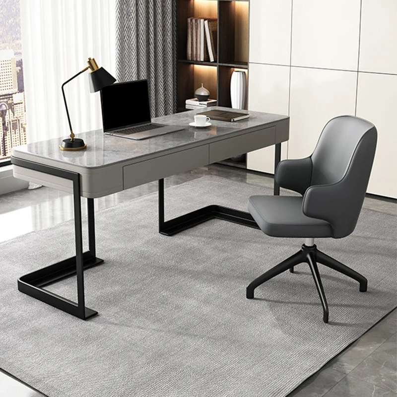 Bureau d'écriture à 2 tiroirs, bureau gris de forme rectangulaire pour la maison Clearhalo
