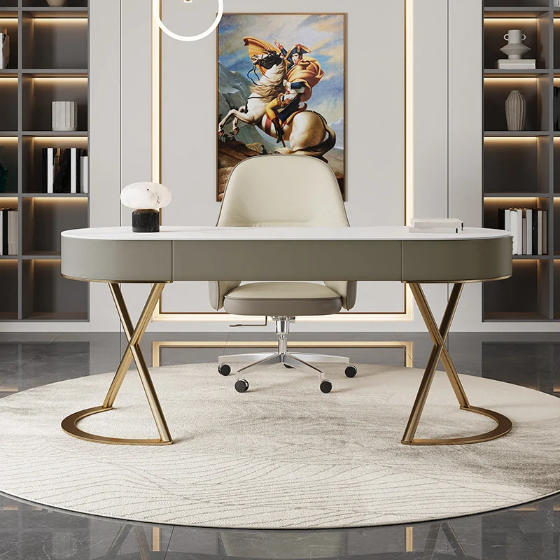 Bureau d'écriture à 3 tiroirs, bureau de travail de forme irrégulière en blanc pour le bureau Clearhalo