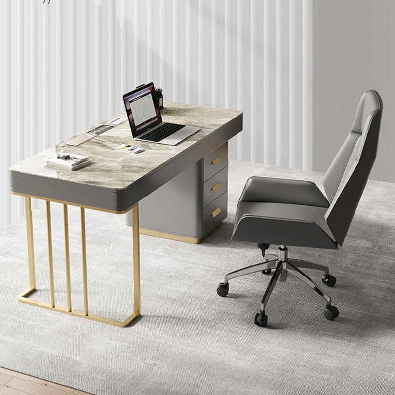 Bureau d'écriture à tiroirs gris Glam Bureau en acier inoxydable et pierre rectangulaire Clearhalo