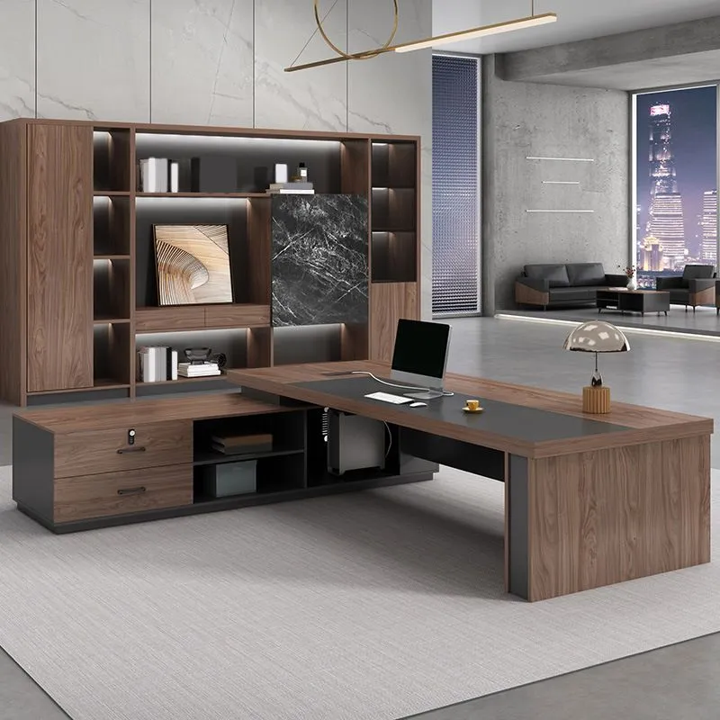 Bureau de direction en bois artificiel Bureau d'ordinateur contemporain en forme de L marron Clearhalo
