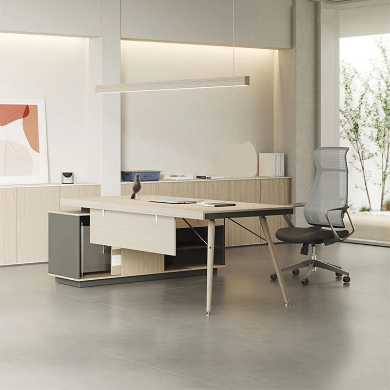Bureau de direction contemporain naturel en chêne en forme de L Clearhalo