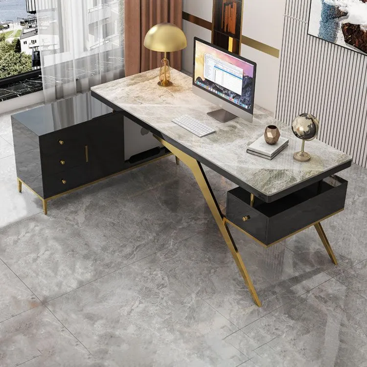 Bureau de direction en forme de L avec gestion des câbles, bureau en pierre avec tiroirs Clearhalo