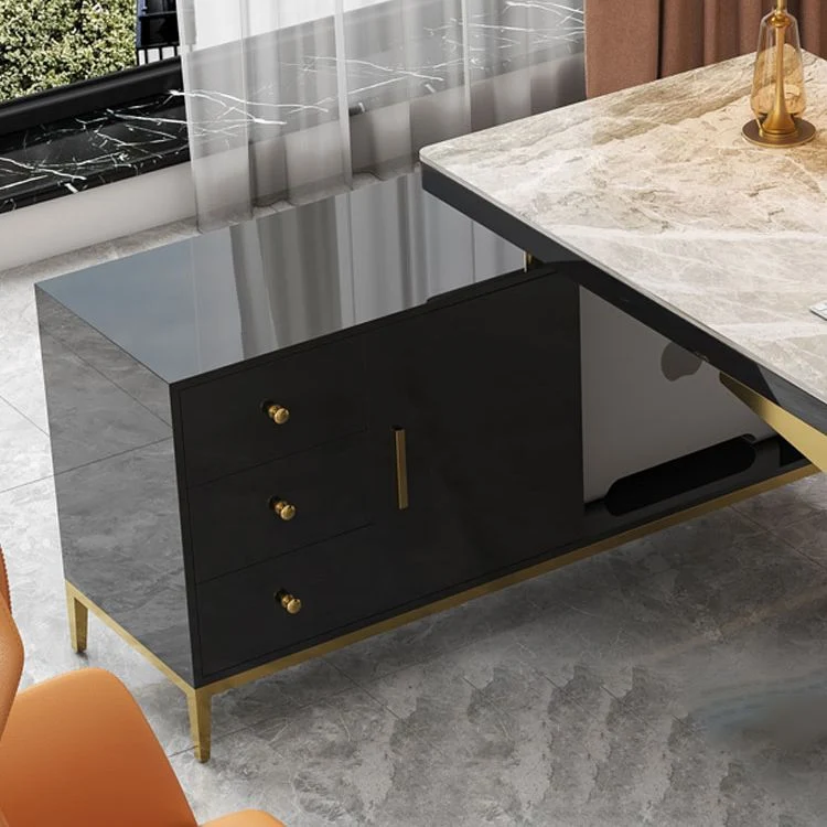 Bureau de direction en forme de L avec gestion des câbles, bureau en pierre avec tiroirs Clearhalo