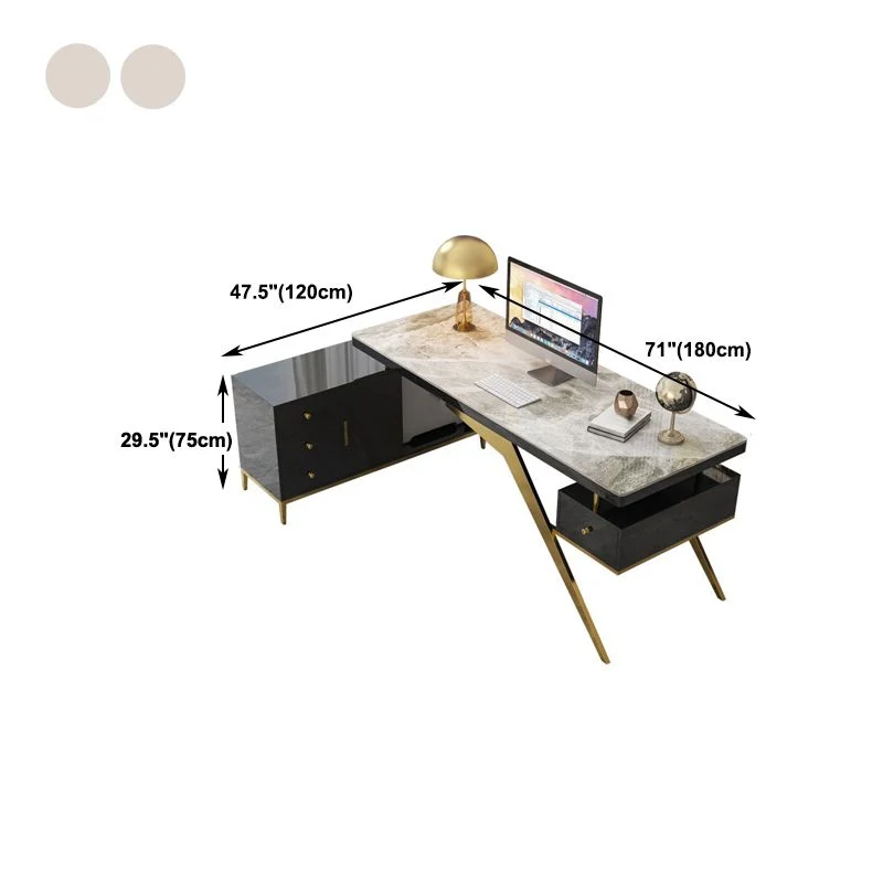 Bureau de direction en forme de L avec gestion des câbles, bureau en pierre avec tiroirs Clearhalo