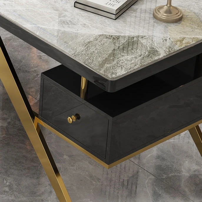 Bureau de direction en forme de L avec gestion des câbles, bureau en pierre avec tiroirs Clearhalo