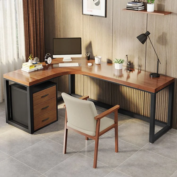 Bureau de direction en forme de L Bureau d'écriture marron et noir en pin et métal Clearhalo