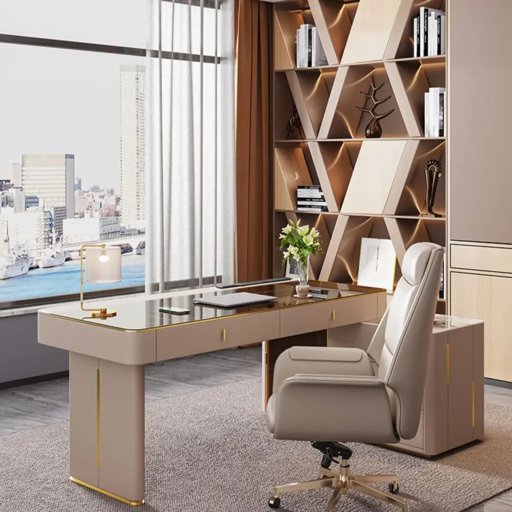 Bureau de direction Glam beige avec gestion des câbles et base en métal chromé Clearhalo