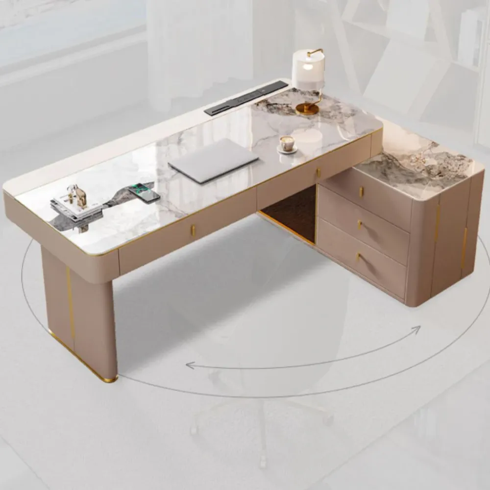 Bureau de direction Glam beige avec gestion des câbles et base en métal chromé Clearhalo