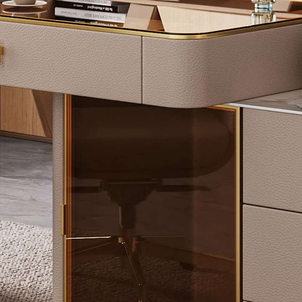 Bureau de direction Glam beige avec gestion des câbles et base en métal chromé Clearhalo