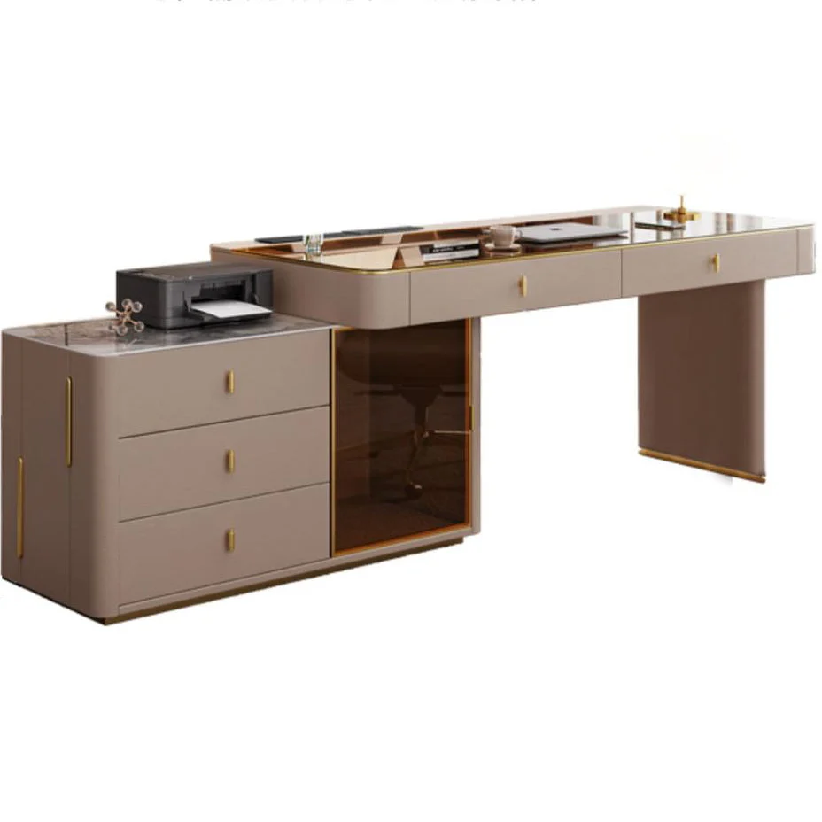 Bureau de direction Glam beige avec gestion des câbles et base en métal chromé Clearhalo